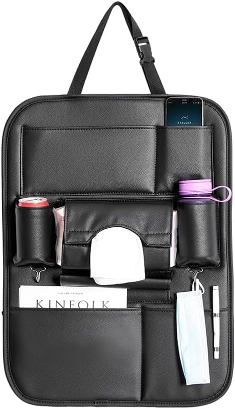2 Pack PU Leather Premium Car SeatBack Organizer Travel Accessories Kick mats Back seat Protector and Cup Holder Holder Universal Use Seat Covers (23×17.1 in)