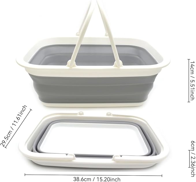 SAMMART SAMMART 9.2L (2.37Gallon) Collapsible Tub with Handle - Portable Outdoor Picnic Basket/Crater - Foldable Shopping Bag - Space Saving Storage Container (1, White/Grey)