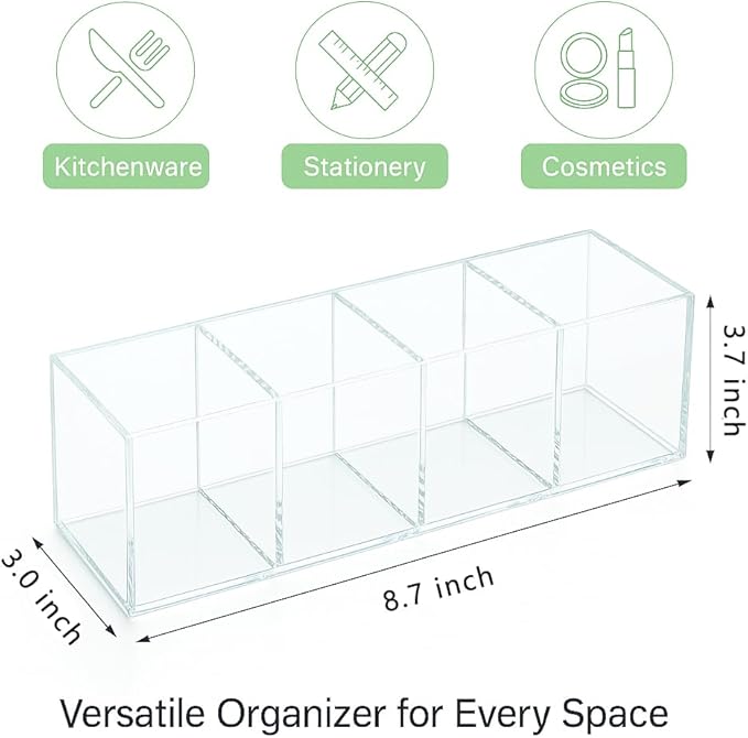elysolpluv Clear Acrylic 4-Compartment Organizer Box, Large (8.7" × 3.0" × 3.7") – Handcrafted, Eco-Friendly, Minimal Packagi