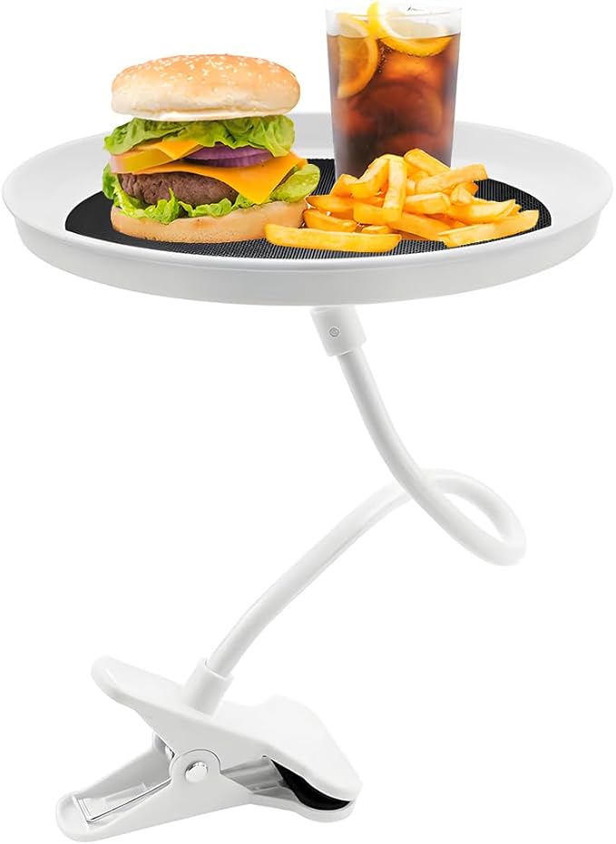 povtii Car Adjustable Food Tray, 360° Swivel Car Food Tray 8.7 Inch Diameter Storage Tray, Non-Slip Clip Type Snack Tray Swivel Dining Table for Vehicles, Interior Car Accessories (White)