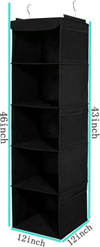 BrilliantJo 2 Pack Hanging Closet Organizer, 5 Shelves Hanging Storage with 6 Side Pockets for Clothes Shoes, 43"x12"x12"(Bla