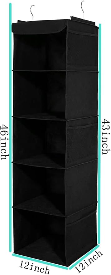 BrilliantJo 2 Pack Hanging Closet Organizer, 5 Shelves Hanging Storage with 6 Side Pockets for Clothes Shoes, 43"x12"x12"(Bla