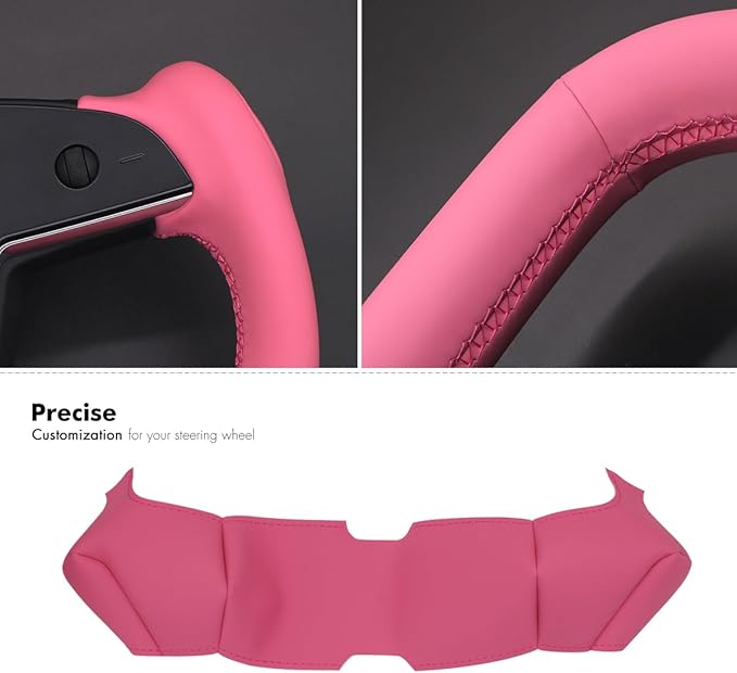MEWANT Hand Stitched Pink Leather Tesla Model S Yoke Steering Wheel Cover Wrap for Tesla Model S 2021-2023 / Model X 2021-2023 Tesla Yoke Steering Wheel Accessories