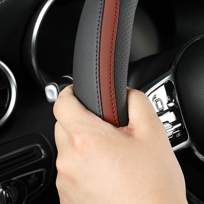 Car Steering Wheel Cover, Leather Steering Wheel Cover Brown Universal 14.5-15 Inch Microfiber Leather Anti-Slip Breathable A