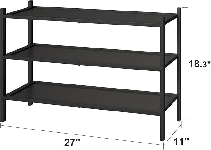 kiplant 3-Tier Black Bamboo Shoe Rack for Entryway, Stackable | Foldable | Natural, Shoe Organizer for Hallway Closet, Free S