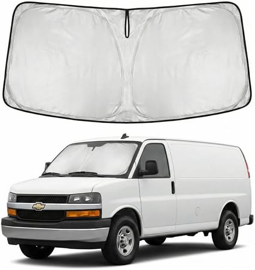 Windshield Sun Shade for Chevy Express 1996-2024 2025 2026 Sunshade Front Window Shade Custom Fit Express Accessories Sun Visor Foldable Shade Blocks UV Rays Accessories