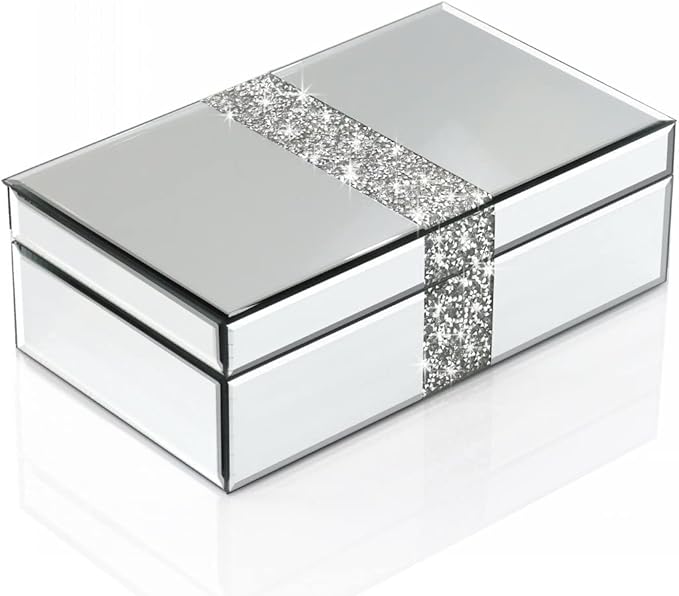 QMDECOR Luxury Middle Silver Bling Crushed Diamond Glass Mirrored Jewelry Box Women Jewelry Organizer Storage Box For Gift