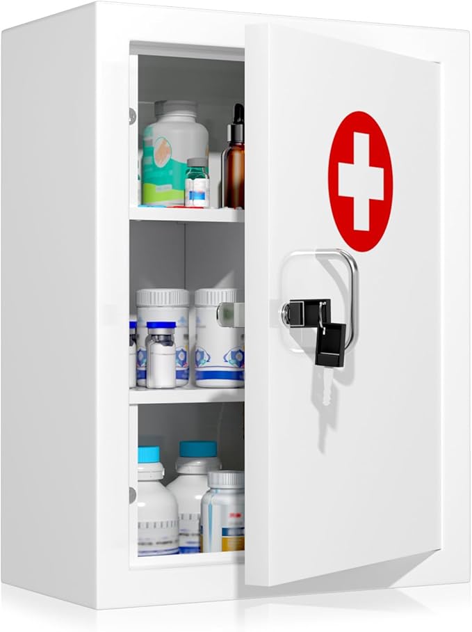 Locking Medicine Cabinet Wall-Mount: Storage Cabinet with Lock & Key - White Metal First Aid Kits for Childproofing and Famil