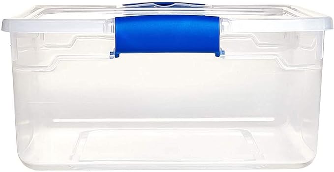 HOMZ 4-Pack 15.5 Quart Latching Lid, Clear Plastic Storage Organizer Bins, Blue – Stackable Containers for Home & Office Shel