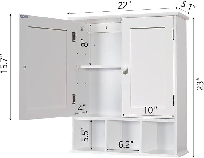 TaoHFE White Bathroom Wall Cabinet with 2 Door Adjustable Shelves,Over The Toilet Storage White Wall Mounted Medicine Cabinet
