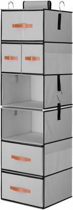 Hanging Closet Organizer 6-Shelf, Upgrade Hanging Shelves for Closet with 5 Removable Drawers & Side Pockets, Hanging Shelf O