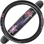 BDK GripGrab Comfort Grip - Purple & Pink Flowers Design on Black Synthetic Leather Steering Wheel Cover 15" - SW-538_AM