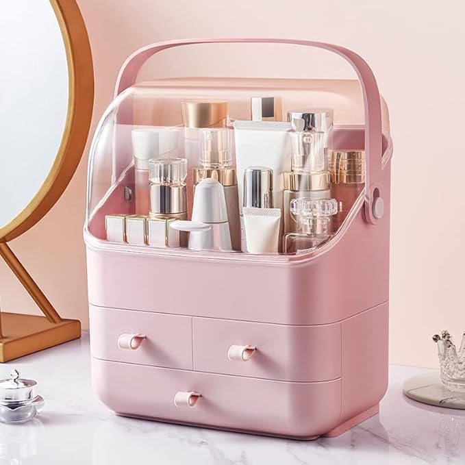 LINFIDITE Cosmetic Storage Box with Lid Waterproof&Dustproof Makeup Organizer Box Portable Handle,Large Makeup Display Case w