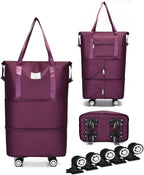 Expandable Foldable Duffel Bag with Detachable Wheels, 64L Large Capacity Rolling Travel Duffle Bag, Lightweight Carry on Luggage with Spinner Wheels, Weekend Gym Tote Bag (Deep Purple)