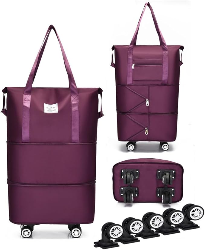 Expandable Foldable Duffel Bag with Detachable Wheels, 64L Large Capacity Rolling Travel Duffle Bag, Lightweight Carry on Luggage with Spinner Wheels, Weekend Gym Tote Bag (Deep Purple)