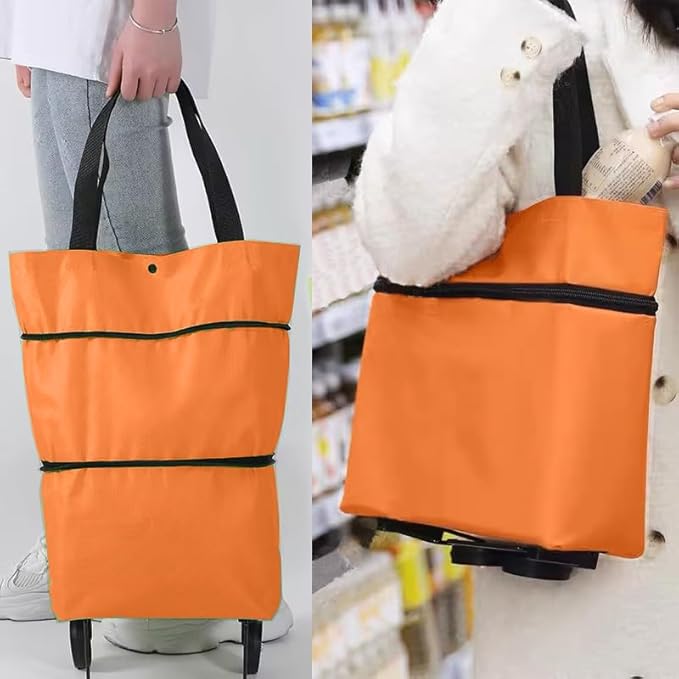 Collapsible Shopping Grocery Bag With Wheels Rolling Tote Bag With Wheels Large Reusable Foldable Shopping Cart(Orange,Large)