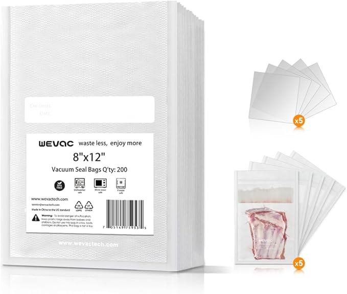 Wevac 8" x 12" Precut Vacuum Sealer Bags, 200 Count, Includes 5 Liquid Block Bags & 5 Bone Guard Pieces, Heavy Duty for Food 
