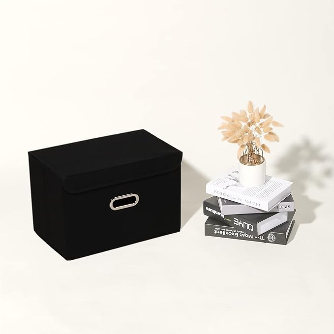 Fabric Foldable Collapsible Storage Cube Bin Organizer Basket with Lid, Handles, Removable Divider for Home, Closet (Black, 3