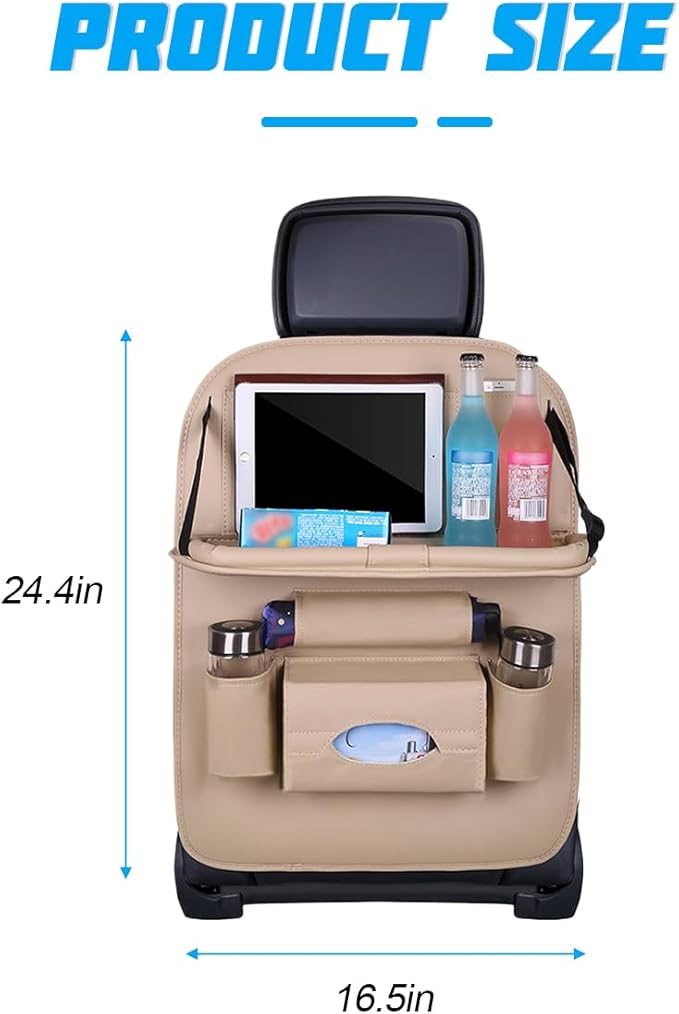 Car Seat Back Organizer, Leather Vehicle Seatback Storage Pocket with Foldable Table Tray, Multifunctional Automotive Backsea