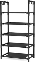 LANTEFUL 5 Tiers Shoe Rack 12-15 Pairs Boots Organizer Storage Sturdy Narrow Shoe Shelf for Entryway, Closets with Hooks, Bla