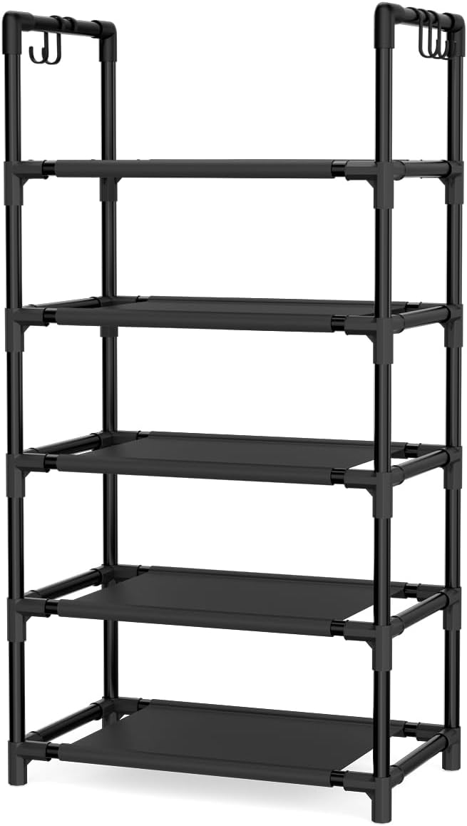 LANTEFUL 5 Tiers Shoe Rack 12-15 Pairs Boots Organizer Storage Sturdy Narrow Shoe Shelf for Entryway, Closets with Hooks, Bla