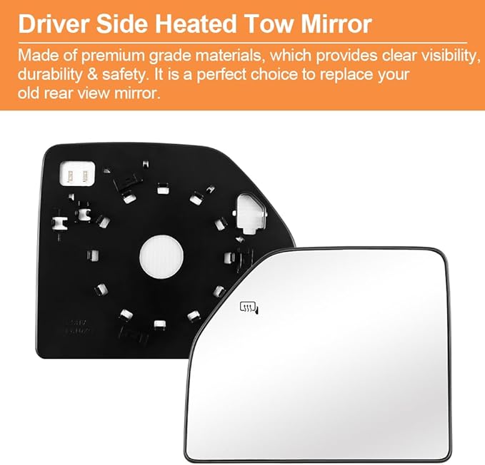 Senzeal Driver Side Heated Upper Mirror Glass Replacement for Ford F150 2015-2020 Ford F250 F350 F450 F550 2017-2022 Tow Mirror FL3Z17K707R (Left Side)