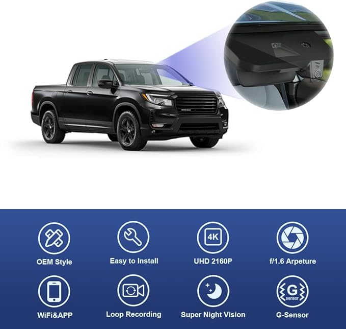 Fitcamx 4K Dash Cam Suitable for Honda Ridgeline 2017-2025 RT RTS Trail Sport Black Edition RTL (DZ-0337), OEM Look, UHD 2160