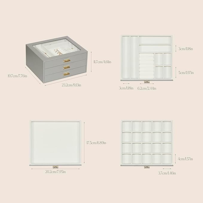 Jewelry Box Organizer with 3 Drawers,Glass Lid Jewelry Boxes for Women,Jewelry Storage for Rings,Necklaces,Earrings,Bracelets