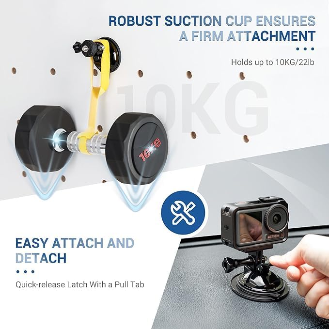 JJC Suction Cup Mount with 1/4"-20 Screw for DJI OSMO Nano Action 6 5 Pro 4 3 Action Camera, Strong Stable Suction Cup Base Compatible with Gopro 13 12 11 10, for Insta360 X5 X4 X3 OSMO 360 Car Mount