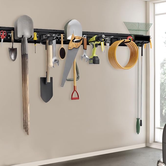 Garage Tool Storage Organizer Wall Mount, Heavy Duty Metal Garden Tool Rack Kit, 48inch Tracks with 16 Hooks for Shovel, Broo