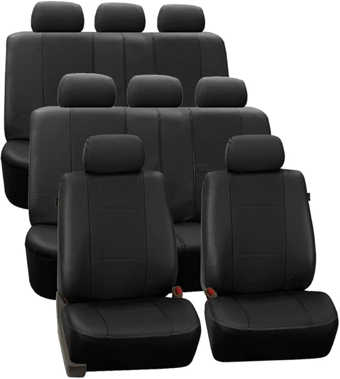 FH Group Three Row Car Seat Covers Deluxe Leatherette with 8 Seater, Airbag Compatible and Rear Split - Universal Fit for Car