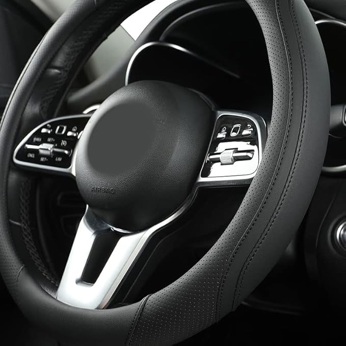 Car Steering Wheel Cover, Leather Steering Wheel Cover Black Universal 14.5-15 Inch Microfiber Leather Anti-Slip Breathable A