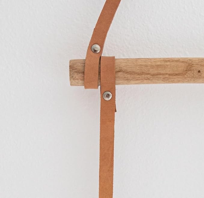 Decorative Wooden Wall Hanging Ladder with Leather Straps – Rustic Towel and Blanket Rack for Bathroom, Living Room, or Entry