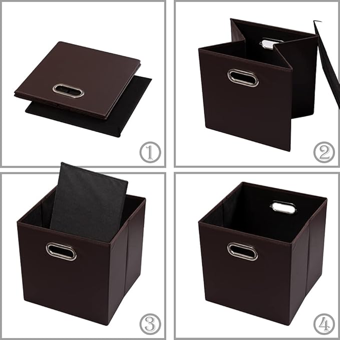 PRANDOM Leather Foldable Cube Storage Bins 11x11 inch [4-Pack] Fabric Storage Baskets Cubes Drawer with Cotton Handles Organi