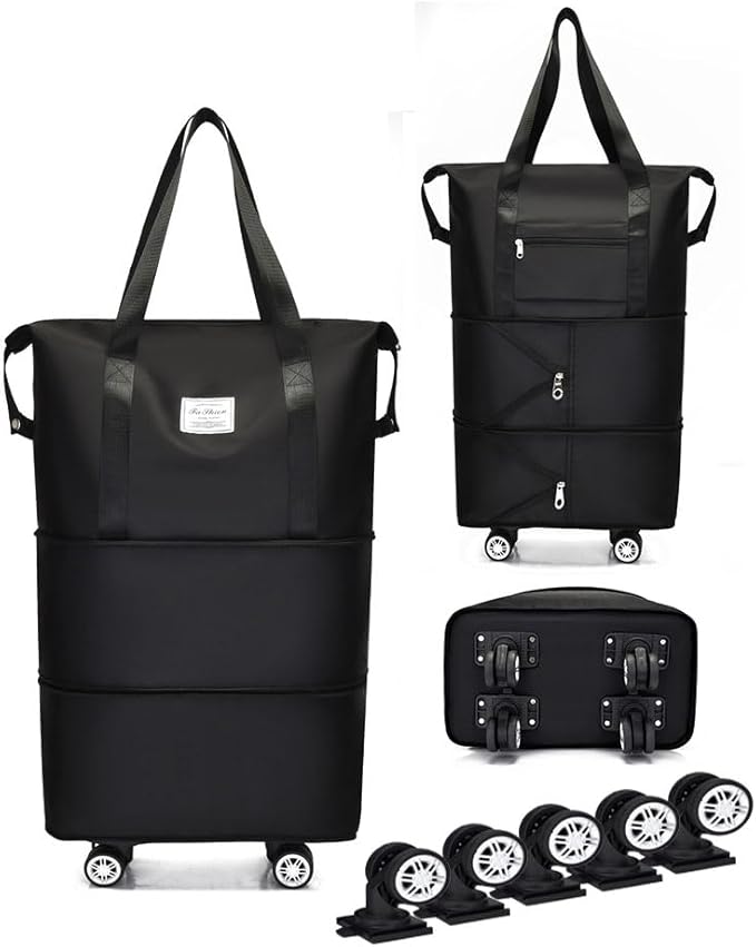 Expandable Foldable Duffel Bag with Detachable Wheels, 64L Large Capacity Rolling Travel Duffle Bag, Lightweight Carry on Luggage with Spinner Wheels, Weekend Gym Tote Bag (Black)