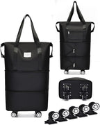 Expandable Foldable Duffel Bag with Detachable Wheels, 64L Large Capacity Rolling Travel Duffle Bag, Lightweight Carry on Luggage with Spinner Wheels, Weekend Gym Tote Bag (Black)