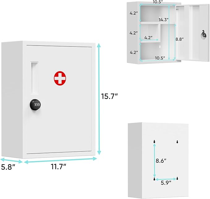 POKIPO Wall Mount Locking Medicine Cabinet, Empty Metal Medicine Storage Box with All-Metal Digit Lock, Bathroom Cabinet Orga