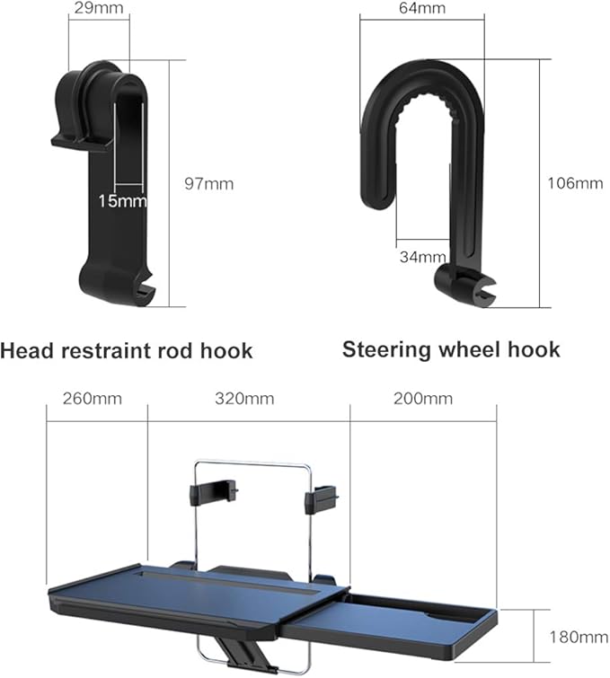 2 in 1 Car Steering Wheel Tray / Back Seat Headrest Tray for Eating Food Drink and Writing Laptop Work, XERGUR Black Car Desk