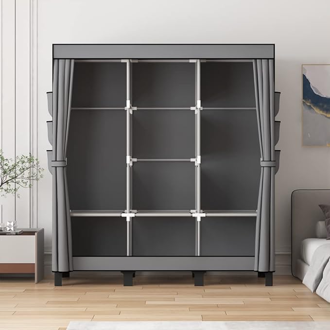 Portable Closet, 51.18" Large Capacity Clothing Storage Organizer with 3 Hanging Rods 6 Shelves 18 Side Pockets, Dustproof St