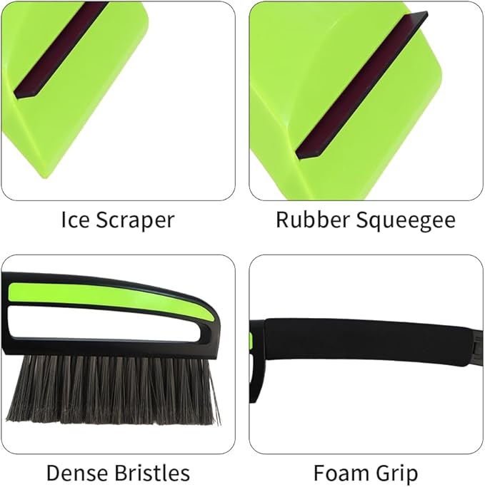 Snow Brush with Ice Scrapers for Car Windshield, Car Brush with Foam Grip, Winter Accessories, Wider Snow Scraper for Window, SUVs, Cars, Detachable Snow Removal Tool, Scratch-Free (Green)