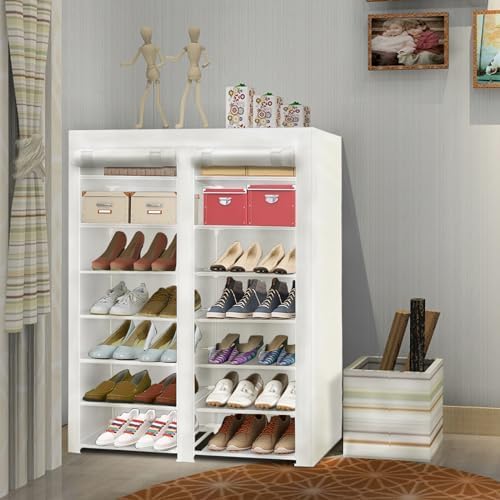 ERONE Shoe Rack Storage Organize, 28 Pairs Portable Double Row with Nonwoven Fabric Cover Shoe Shelf Cabinet for Closet (Whit