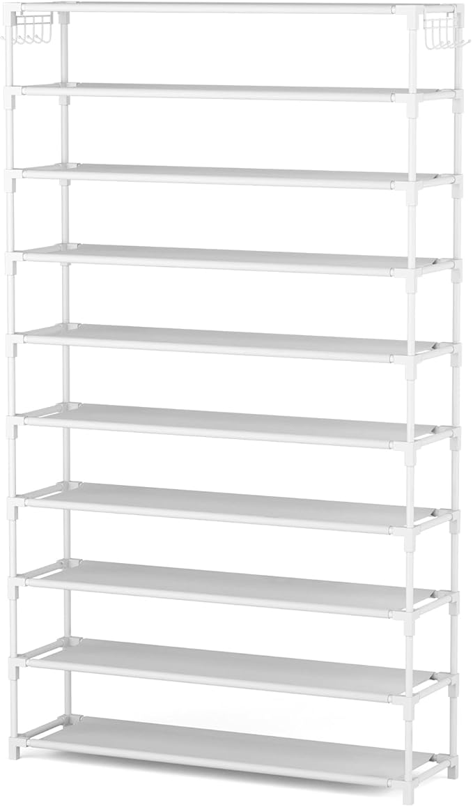 LANTEFUL 10 Tiers Shoe Rack 50 Pairs Large Capacity Tall Shoe Organizer Sturdy Shoe Storage with Two Hooks Space Saving Metal