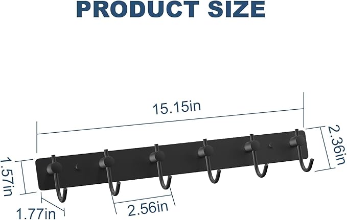 VAEHOLD Wall Hooks for Hanging, Black Coat Rack Wall Mount with 6 Coat Hooks, Towel Hanger, Hat Hooks, Robes Hook in Bathroom