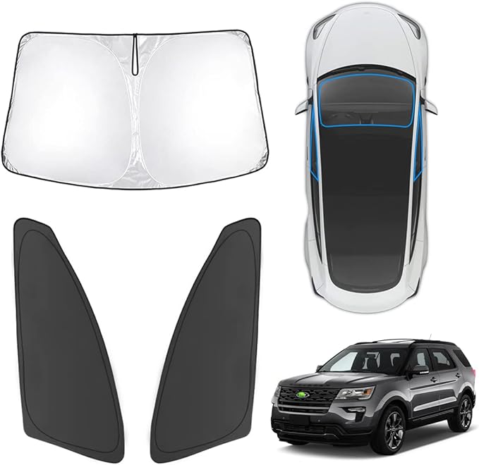 Karltys 3PCS Windshield Sun Shade for 2011-2019 Ford Explorer, Thickened Reflective Front and Side Window Sunshade Custom Fit Explorer, Foldable Sun Visor Protector Blocks Heat UV Rays