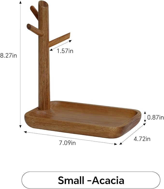 Solid Acacia Wood Key Tray and Bowl for Entryway Table - Jewelry Tray With 3 Hooks, Open Storage for Wallet, Glasses, Watches