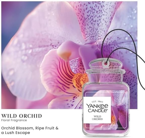 Yankee Candle Car Jar Ultimate, Wild Orchid Scent, Hanging Odor Neutralizing Air Freshener for Vehicles and Small Spaces, Lon