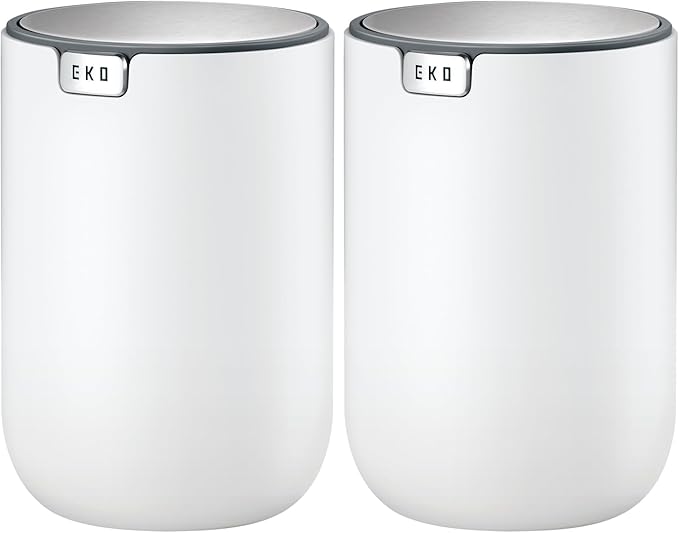 EKO Mini Desk Trash Can with Swing-Top Lid 0.4 Gallon Small Table Round Wastebasket for Office, Home, Car (White) (Pack of 2)