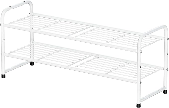 2 Tier Stackable Shoe Rack, 32.5" Wide All Metal Free Standing Shoe Storage Organizer for Entryway, Closet, White