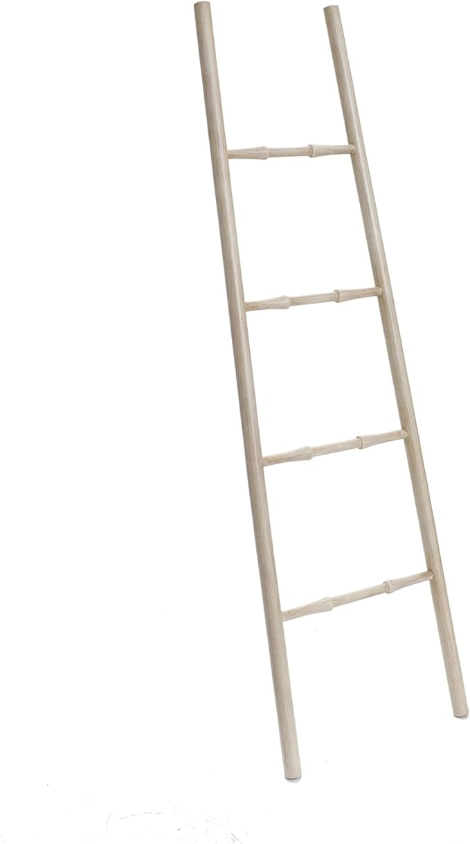 LuxenHome Rustic Blanket Ladder, 61'' Birch Wood 4-Rung Blanket Ladder, Farmhouse Towel Rack Stand for Bathroom Living Room D