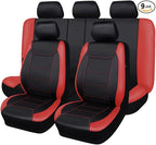 Flying Banner car seat Covers Protects Water Proof Faux Leather Carbon Fiber Front and Rear Bench (Red Black, Full Set - 9PCS